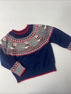 Mini Boden Navy Fair Isle Ski Crewneck Sweater with Red Trim